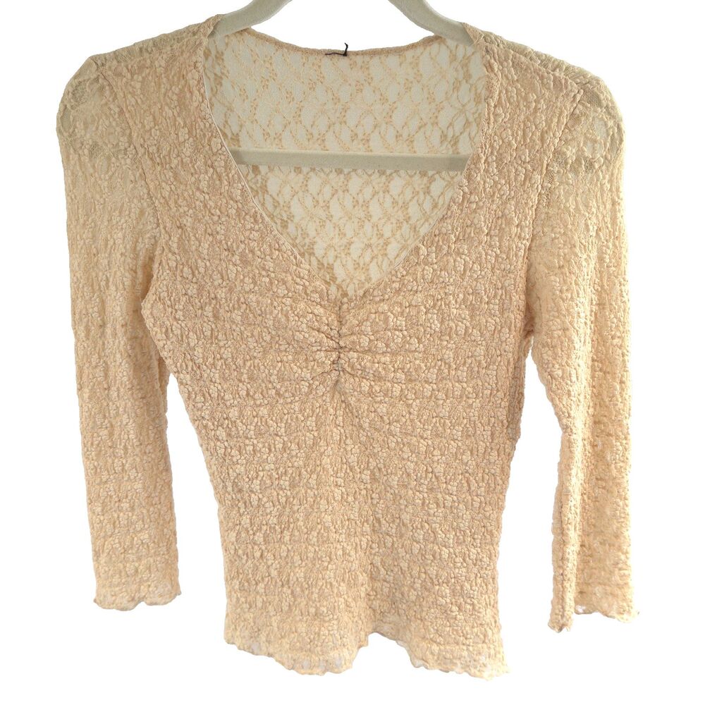 VTG 90s Y2K Ruched Vneck Sheer Lace Top Coquette Cottagecore Romantic Fairy